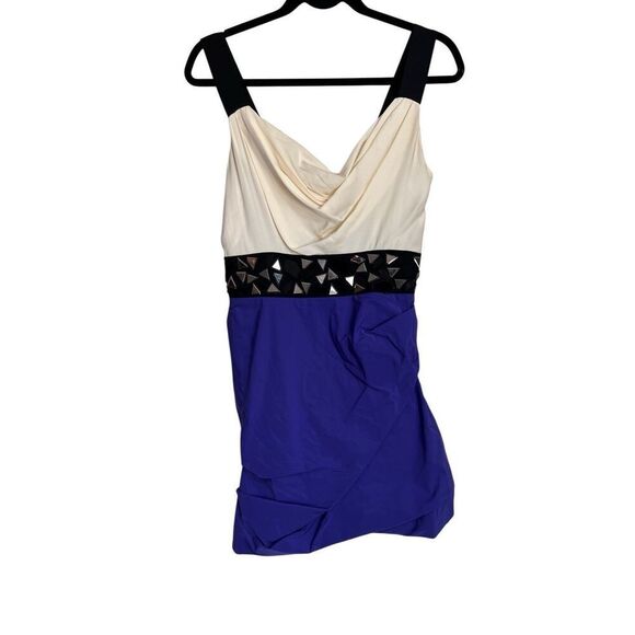 Bebe Dress Womens Size Small Violet Haze Mini Silk Beaded Colorblock Draped - Picture 1 of 10